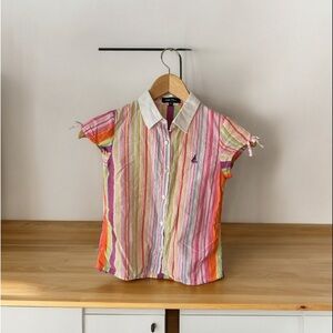 3/$22 Bean Pole Girl's Striped Short Sleeve Blouse Buttons Ties on Sleeve Sz 65